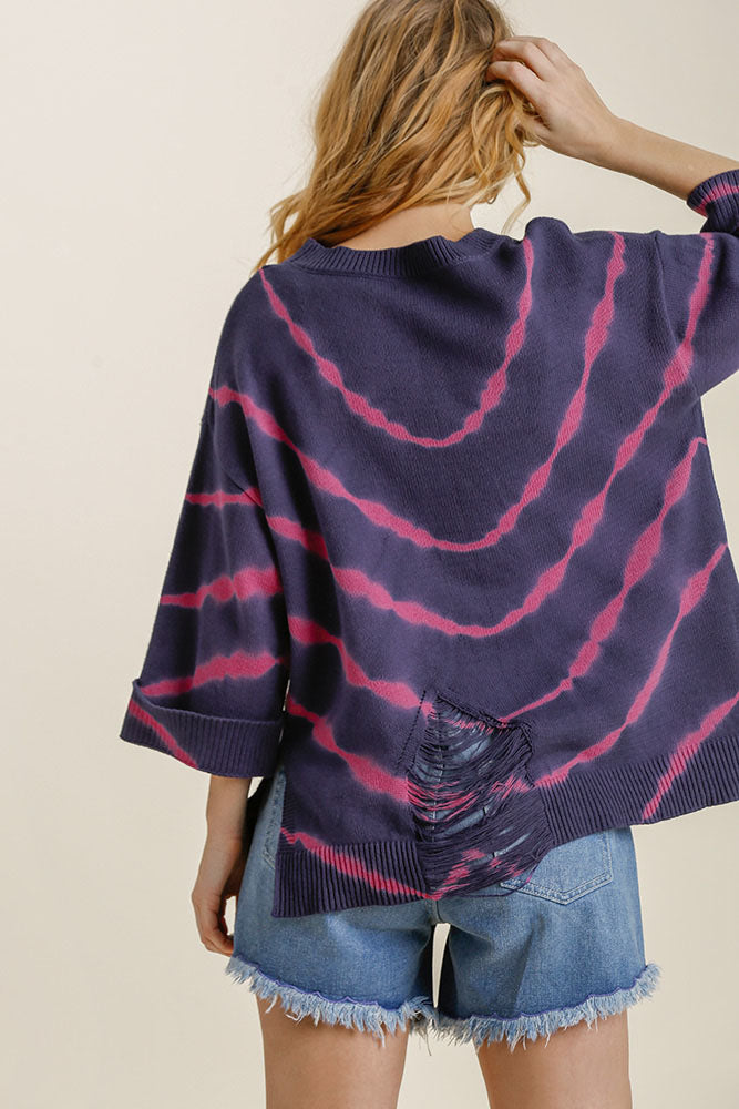 Umgee Tie Dye Side Slit Round Neck Distressed Detail Sweater