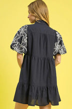Umgee Tiered Mini Dress with Embroidery & Puff Sleeves – Boho Chic