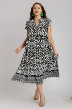 Umgee Two Tone Border Print Ruffle Cap Sleeve Midi Dress