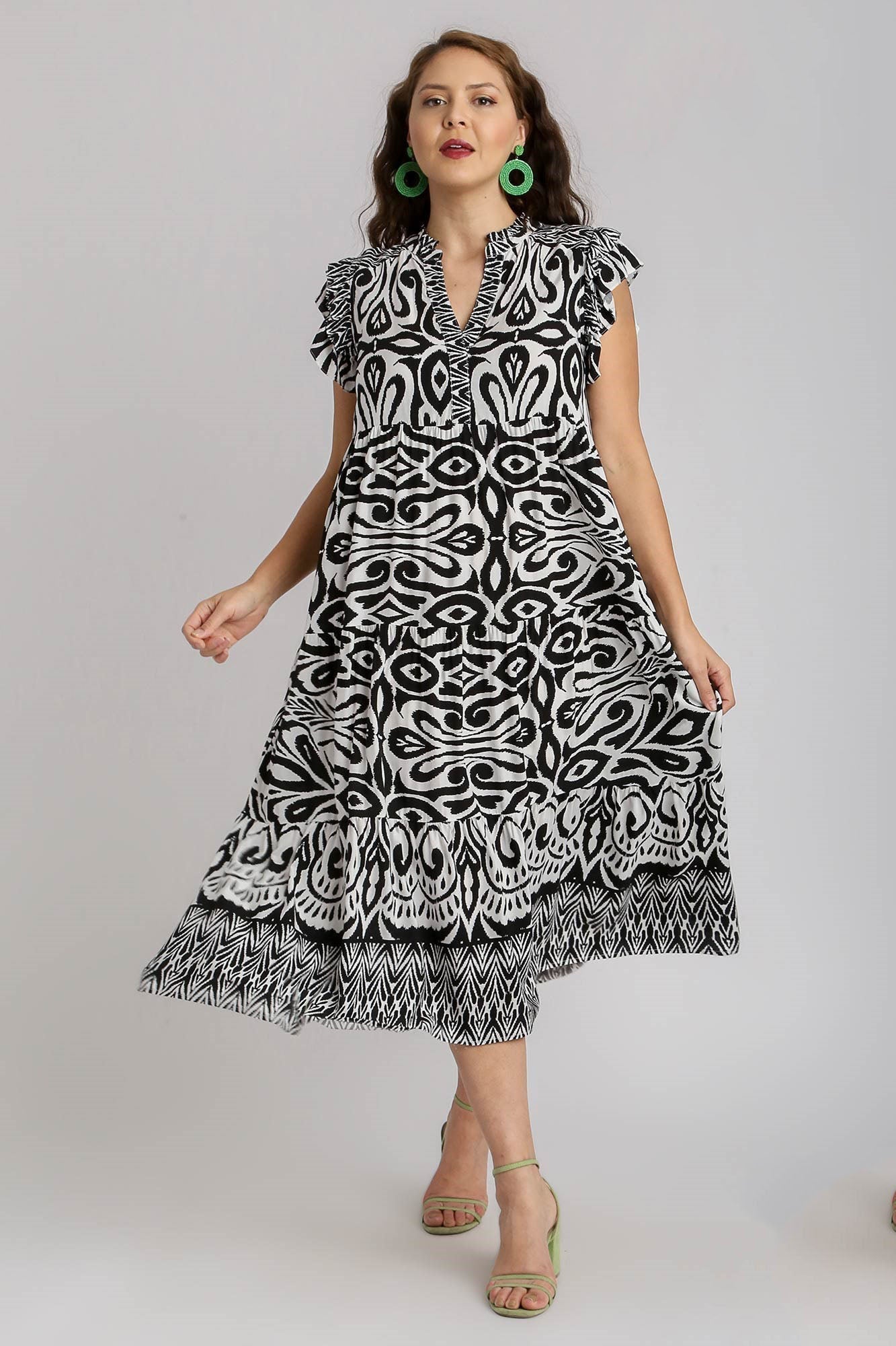 Umgee Two Tone Border Print Ruffle Cap Sleeve Midi Dress