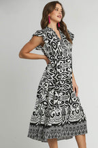Umgee Two Tone Border Print Ruffle Cap Sleeve Midi Dress
