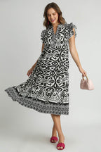 Umgee Two Tone Border Print Ruffle Cap Sleeve Midi Dress