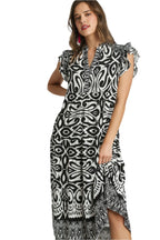 Umgee Two Tone Border Print Ruffle Cap Sleeve Midi Dress