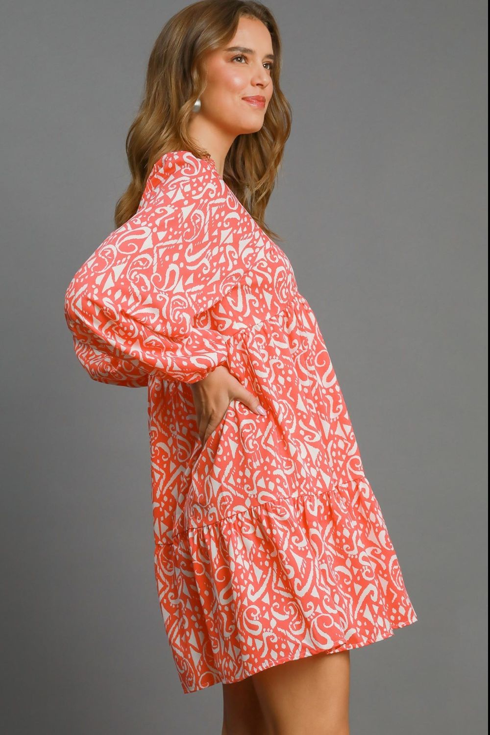 Umgee Two Tone Print Balloon Sleeve Tiered Dress
