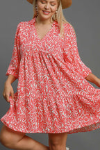 Umgee Two Tone Print Balloon Sleeve Tiered Dress