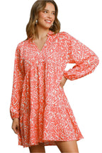 Umgee Two Tone Print Balloon Sleeve Tiered Dress