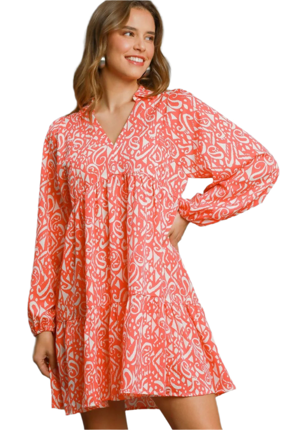 Umgee Two Tone Print Balloon Sleeve Tiered Dress