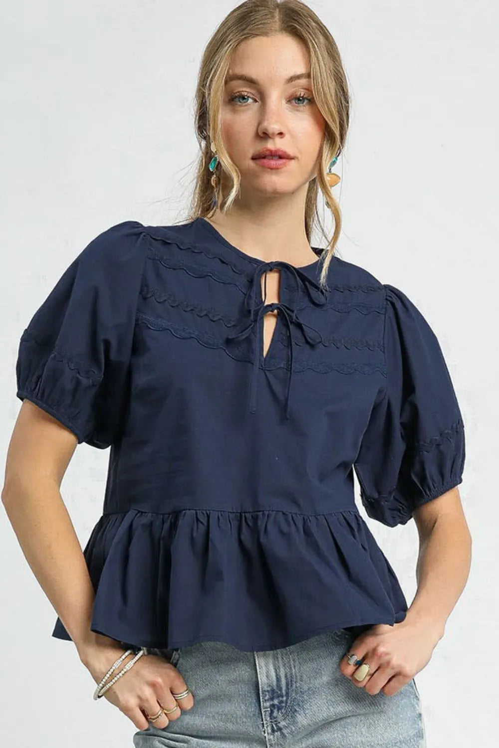 Umgee Women's Tie Front Puff Sleeve Boho Blouse