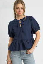 Umgee Women's Tie Front Puff Sleeve Boho Blouse
