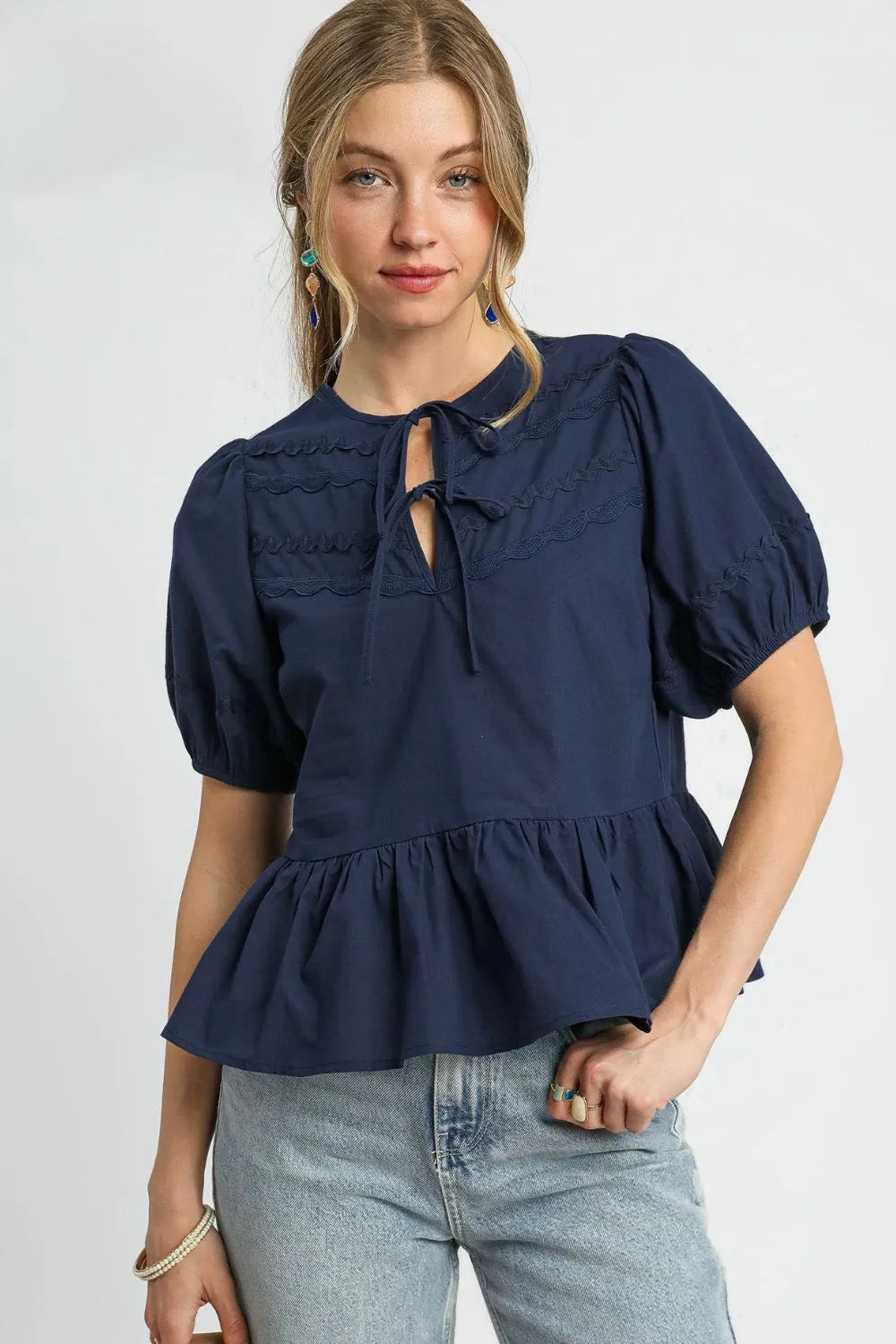 Umgee Women's Tie Front Puff Sleeve Boho Blouse