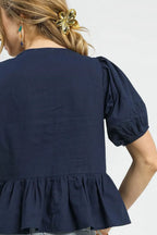 Umgee Women's Tie Front Puff Sleeve Boho Blouse