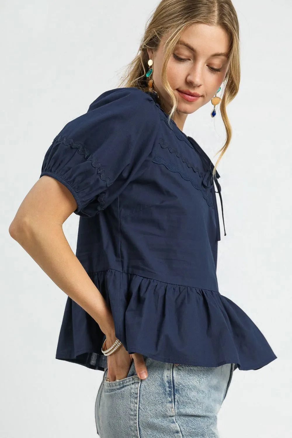 Umgee Women's Tie Front Puff Sleeve Boho Blouse
