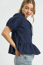 Umgee Women's Tie Front Puff Sleeve Boho Blouse