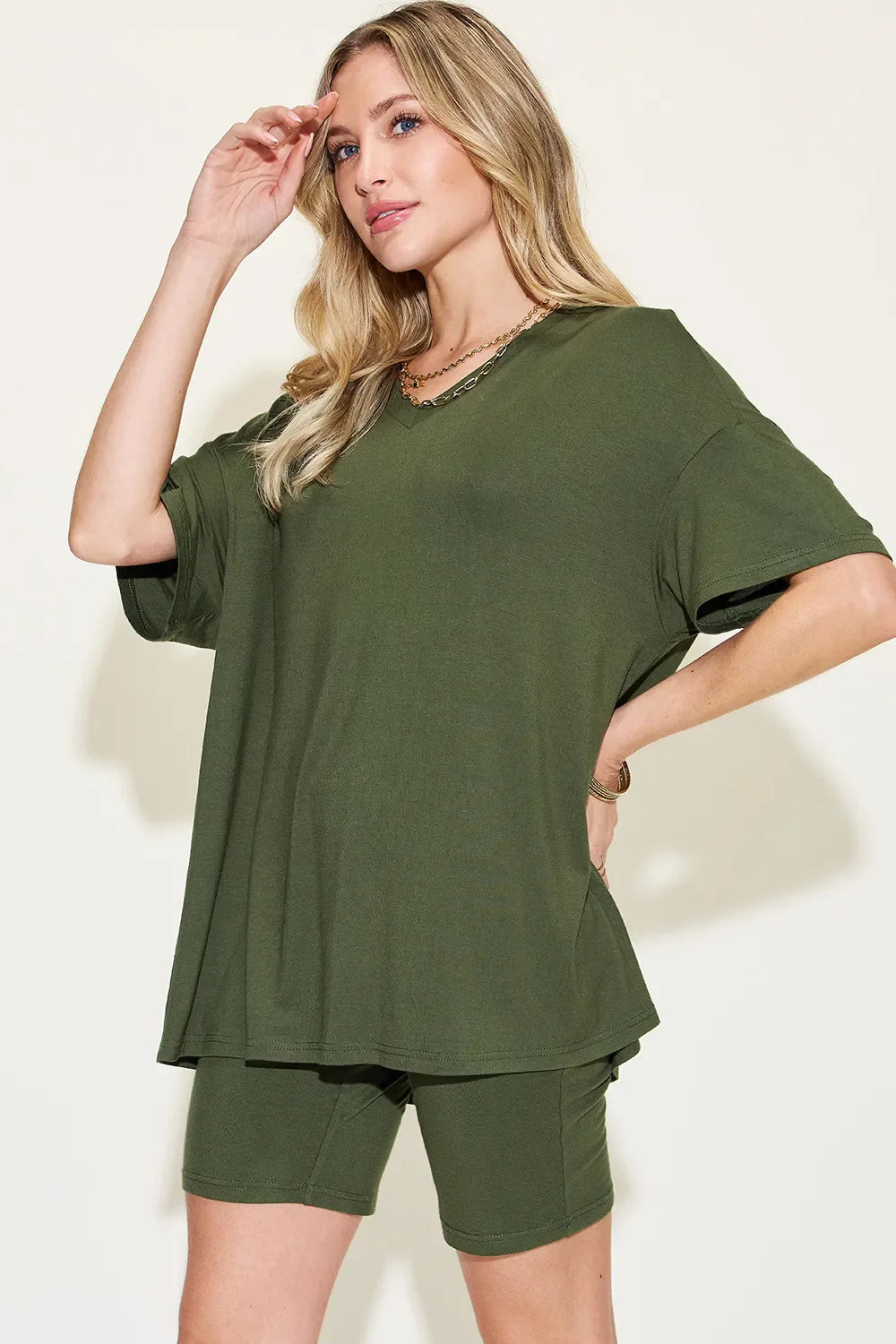 V-Neck Drop Shoulder T-Shirt & Shorts Set — Relaxed & Stylish