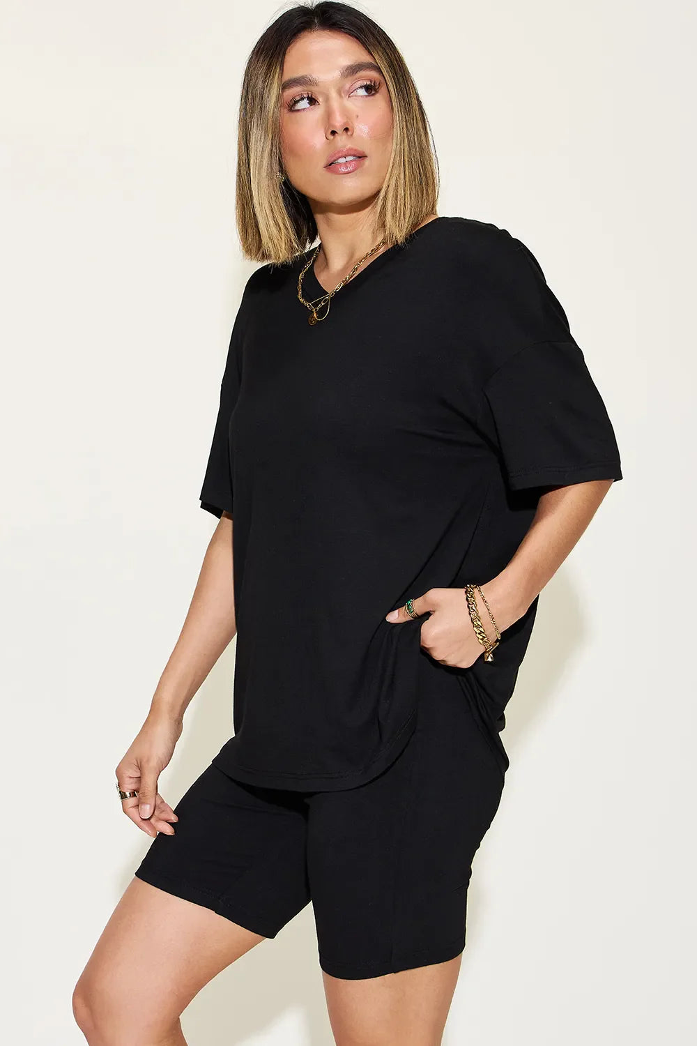 V-Neck Drop Shoulder T-Shirt & Shorts Set — Relaxed & Stylish