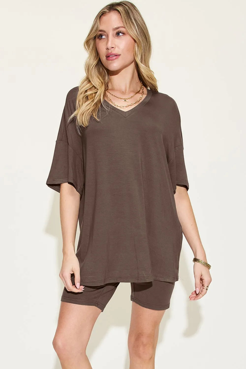 V-Neck Drop Shoulder T-Shirt & Shorts Set — Relaxed & Stylish
