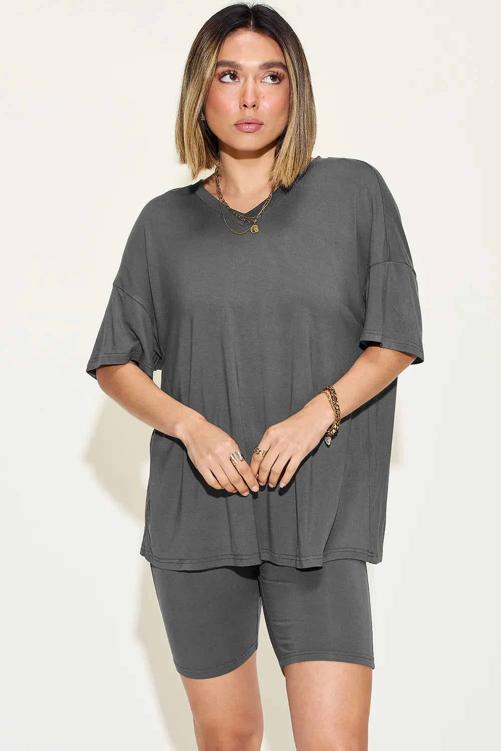 V-Neck Drop Shoulder T-Shirt & Shorts Set — Relaxed & Stylish