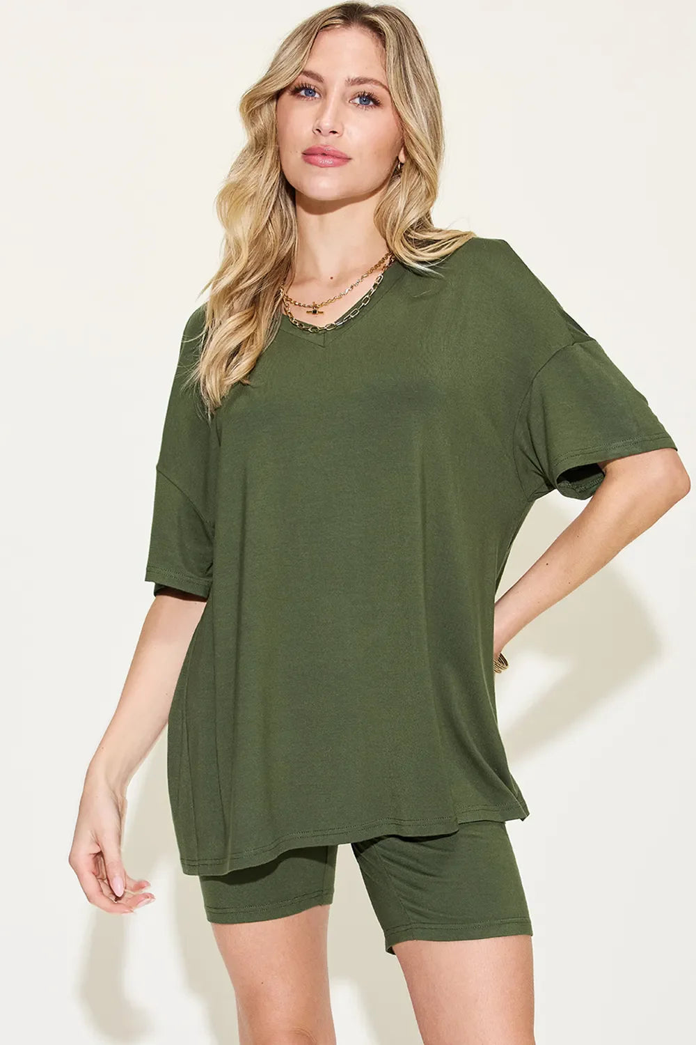 V-Neck Drop Shoulder T-Shirt & Shorts Set — Relaxed & Stylish