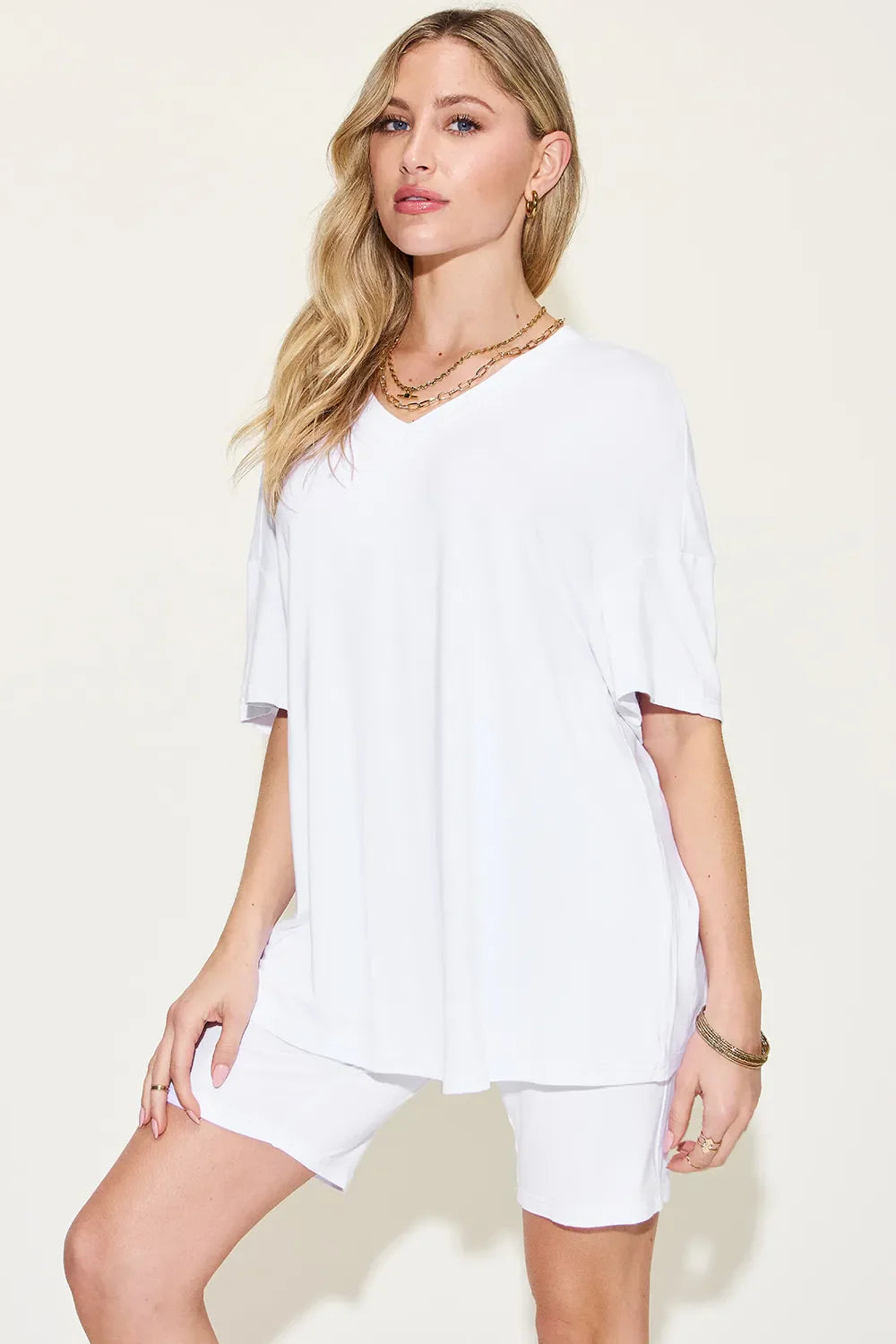 V-Neck Drop Shoulder T-Shirt & Shorts Set — Relaxed & Stylish