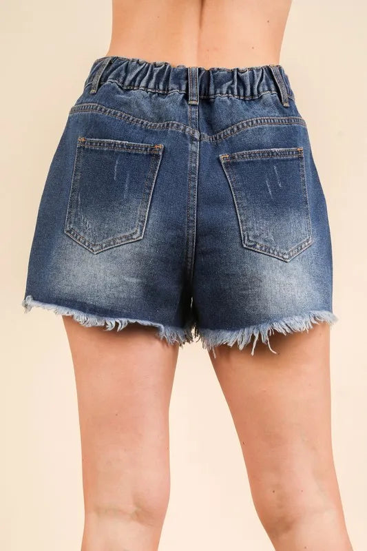 VERY J Raw Hem Pocketed Contrast Washed Denim Shorts