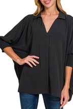 Zenana Airflow Collar Tee with Smocked Sleeve Band Top