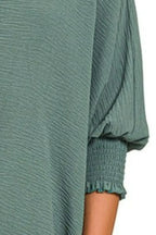 Zenana Airflow Collar Tee with Smocked Sleeve Band Top