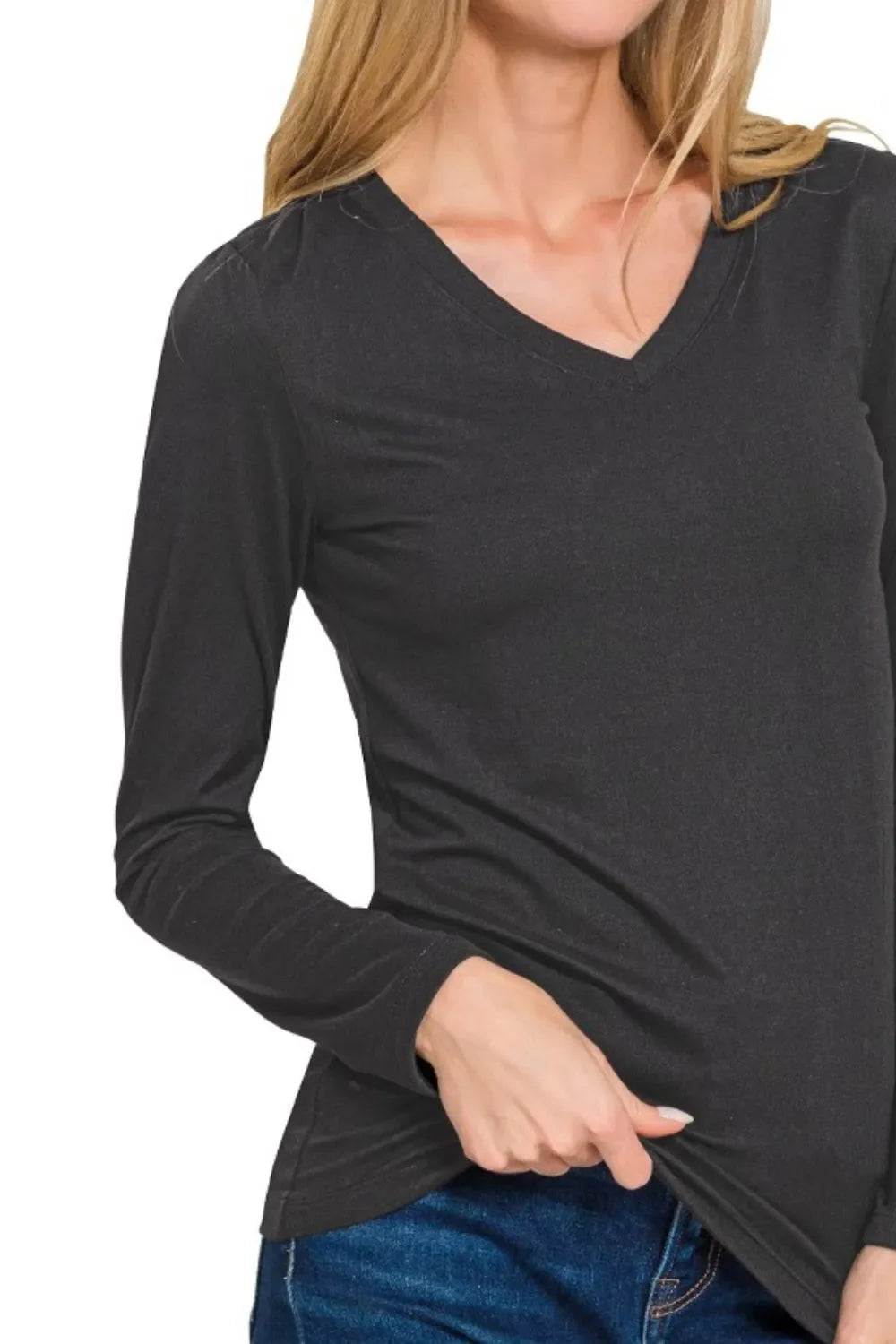 Zenana Brushed Microfiber V-Neck Long Sleeve Tee – Soft & Flattering