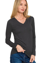 Zenana Brushed Microfiber V-Neck Long Sleeve Tee – Soft & Flattering