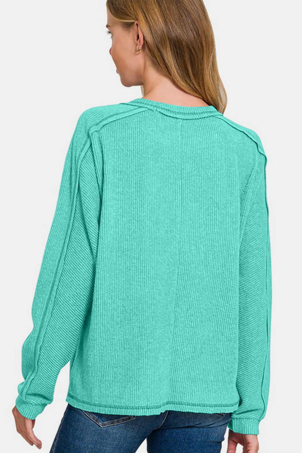 Zenana Contrast Stitching Brushed Ribbed Hacci Knit Top