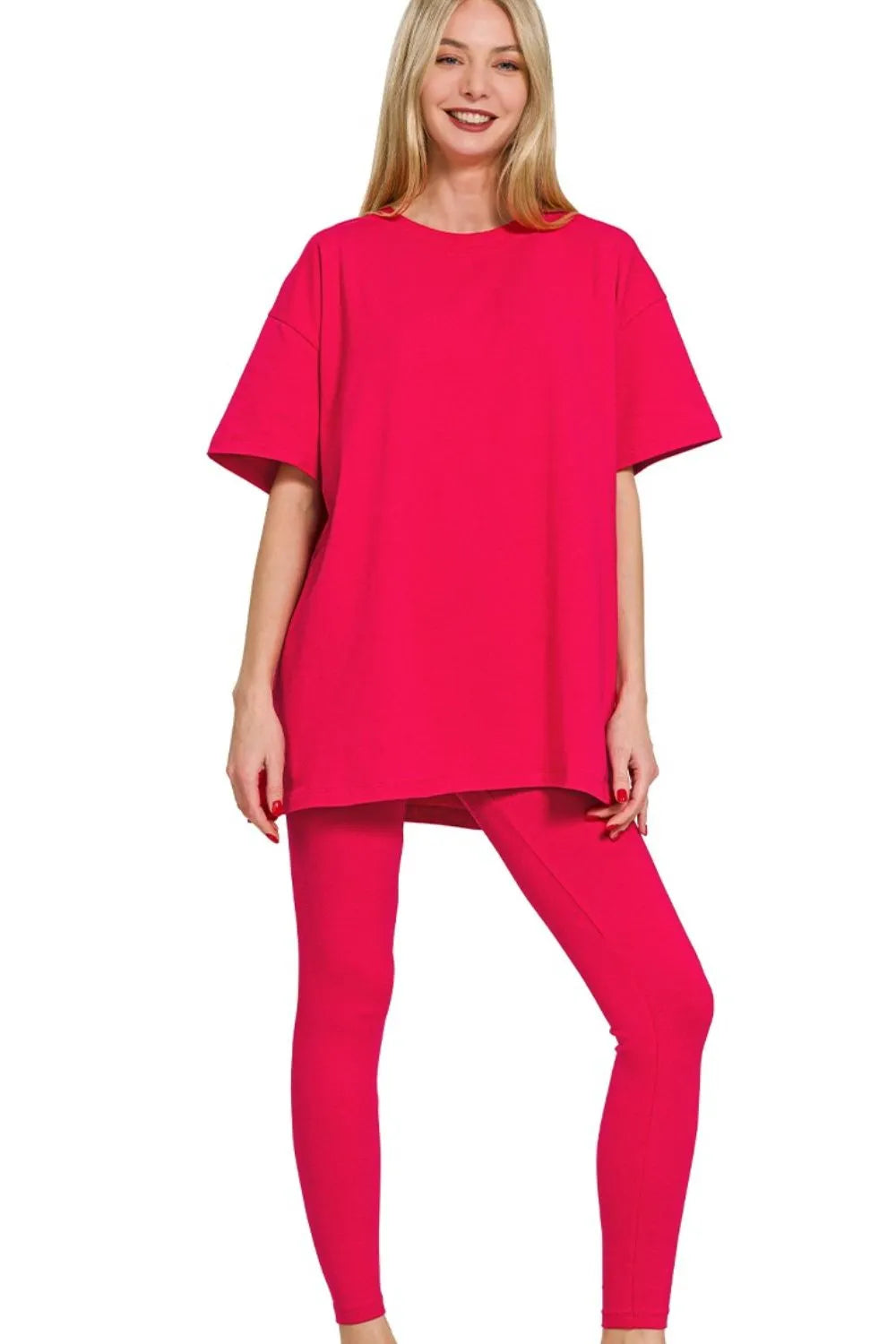 Zenana Cotton Round Neck Top & Legging Set – Soft & Flattering