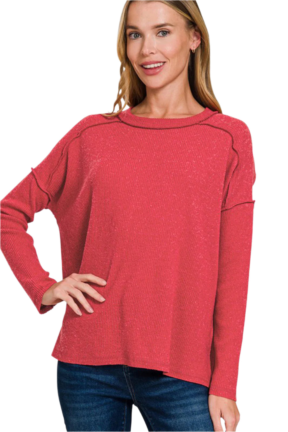 Zenana Exposed Seam Brushed Round Neck Sweater