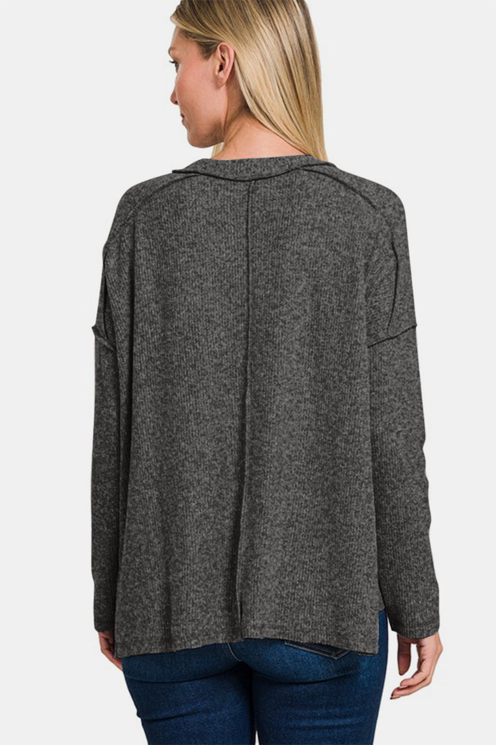 Zenana Exposed Seam Brushed Round Neck Sweater