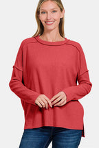 Zenana Exposed Seam Brushed Round Neck Sweater