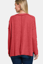 Zenana Exposed Seam Brushed Round Neck Sweater