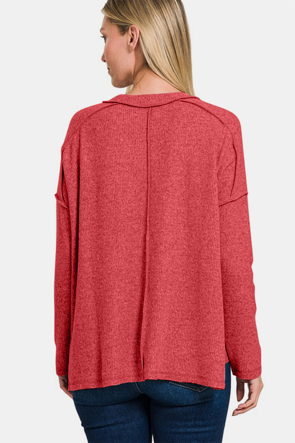 Zenana Exposed Seam Brushed Round Neck Sweater