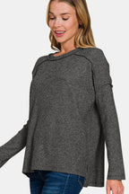 Zenana Exposed Seam Brushed Round Neck Sweater