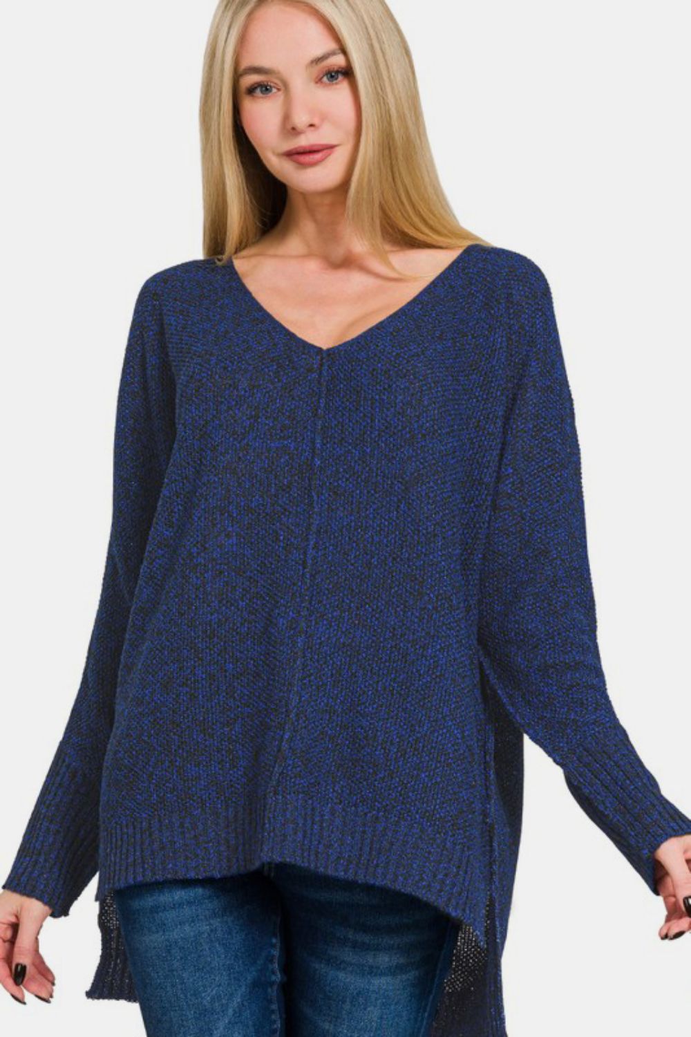 Zenana High Low Center Seam V Neck Sweater