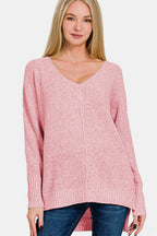 Zenana High Low Center Seam V Neck Sweater
