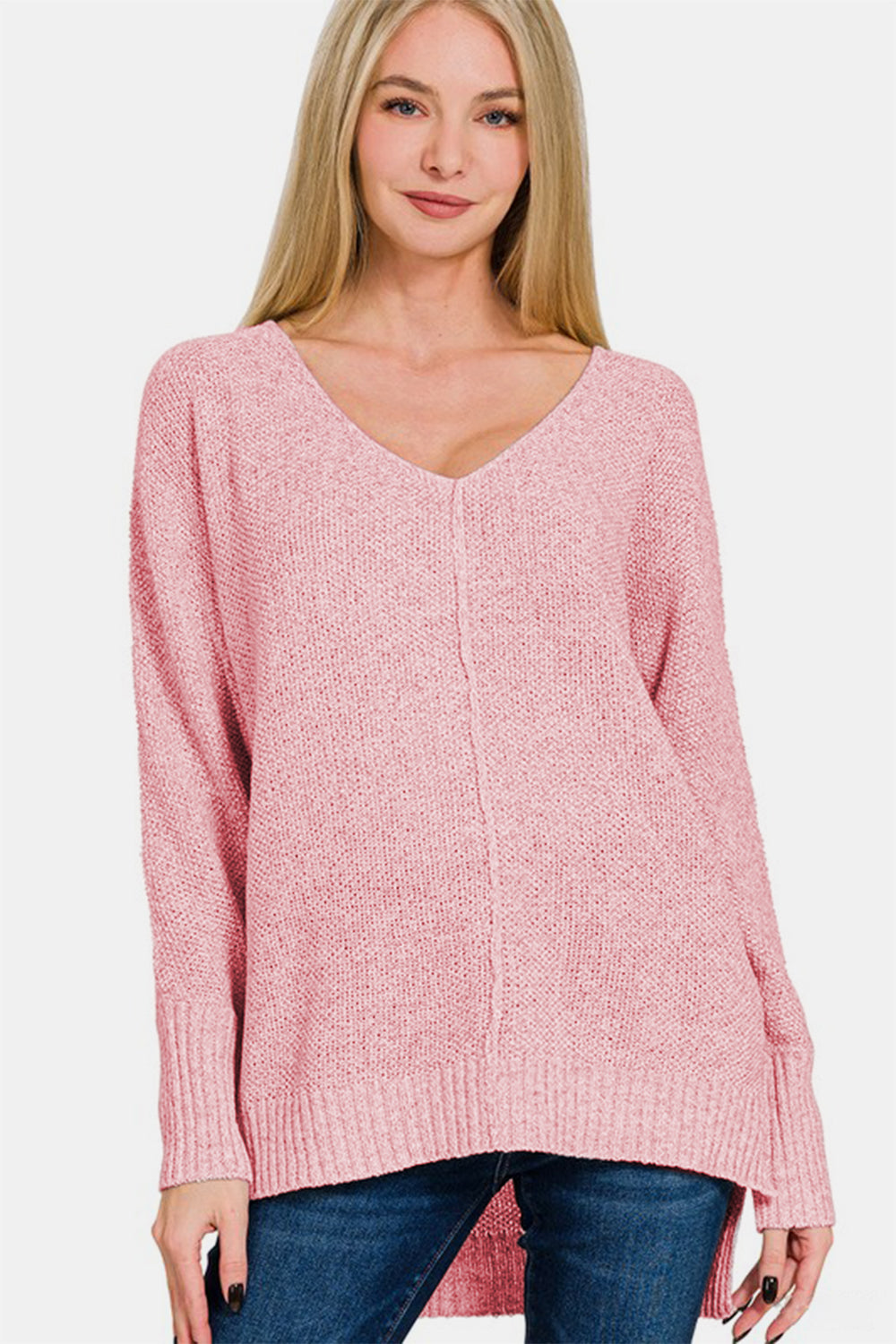 Zenana High Low Center Seam V Neck Sweater