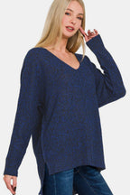 Zenana High Low Center Seam V Neck Sweater