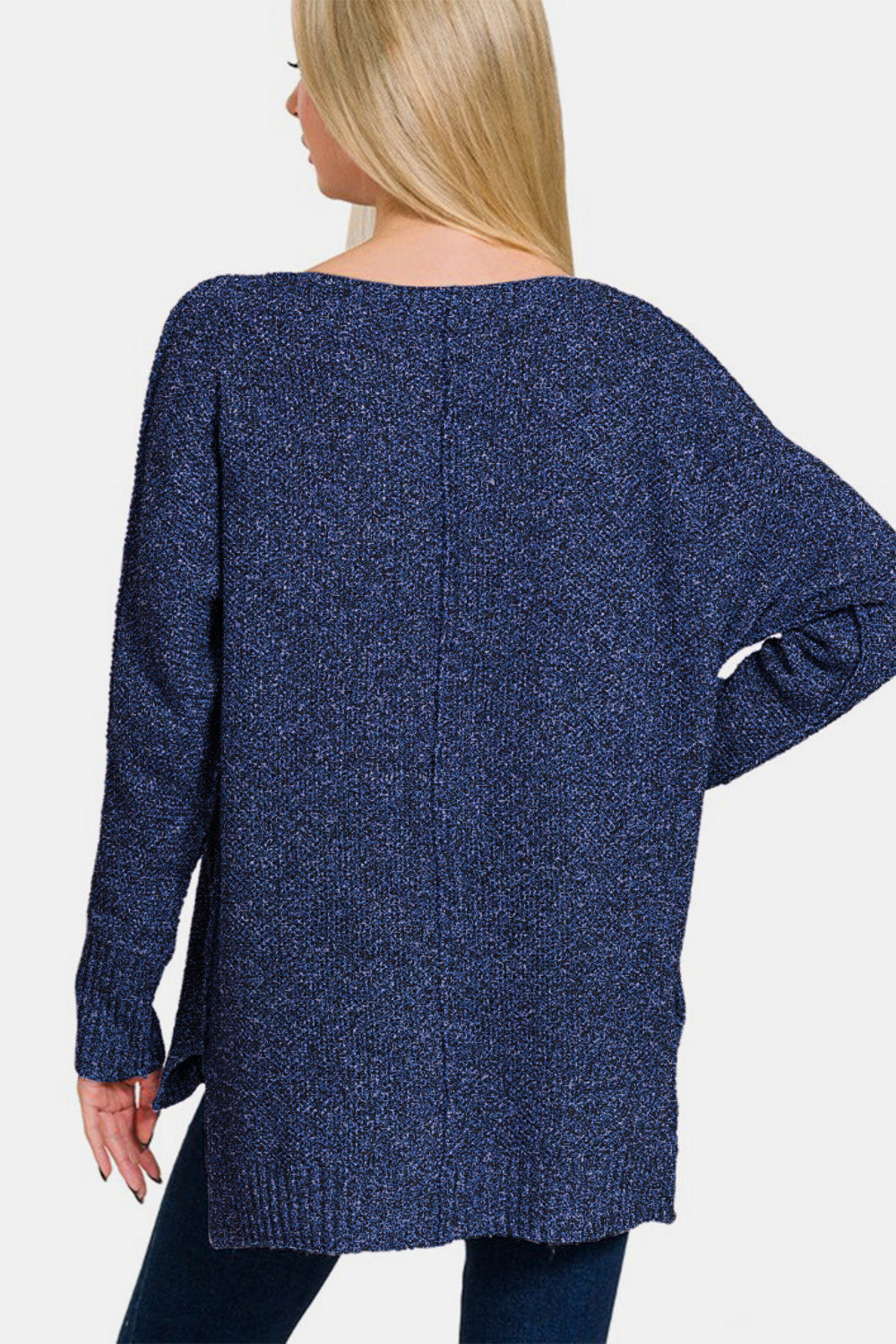 Zenana High Low Center Seam V Neck Sweater