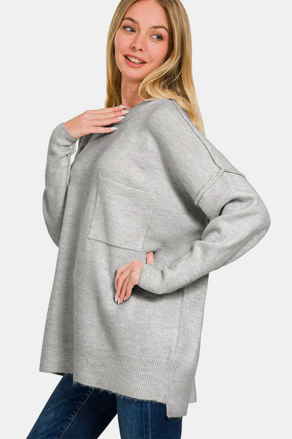 Zenana High Low Hem Drop Shoulder Sweater