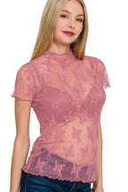 Zenana Lace See-through Layering Short Sleeve Top
