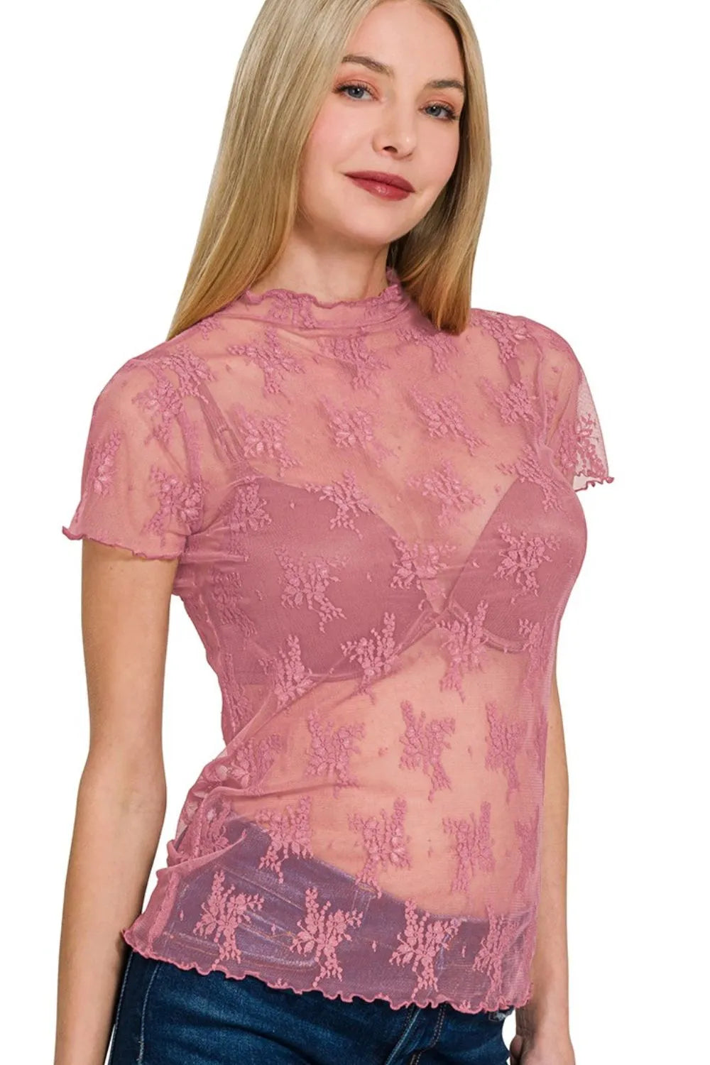 Zenana Lace See-through Layering Short Sleeve Top