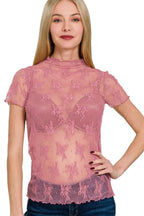 Zenana Lace See-through Layering Short Sleeve Top
