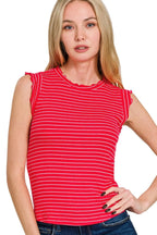 Zenana Ribbed Ruffle Trim Sleeveless Stripe Top