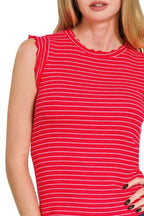 Zenana Ribbed Ruffle Trim Sleeveless Stripe Top