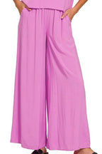 Zenana Round Neck T-Shirt & Wide Leg Pants Set – Chic & Comfy