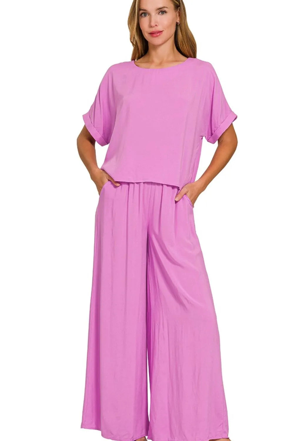 Zenana Round Neck T-Shirt & Wide Leg Pants Set – Chic & Comfy