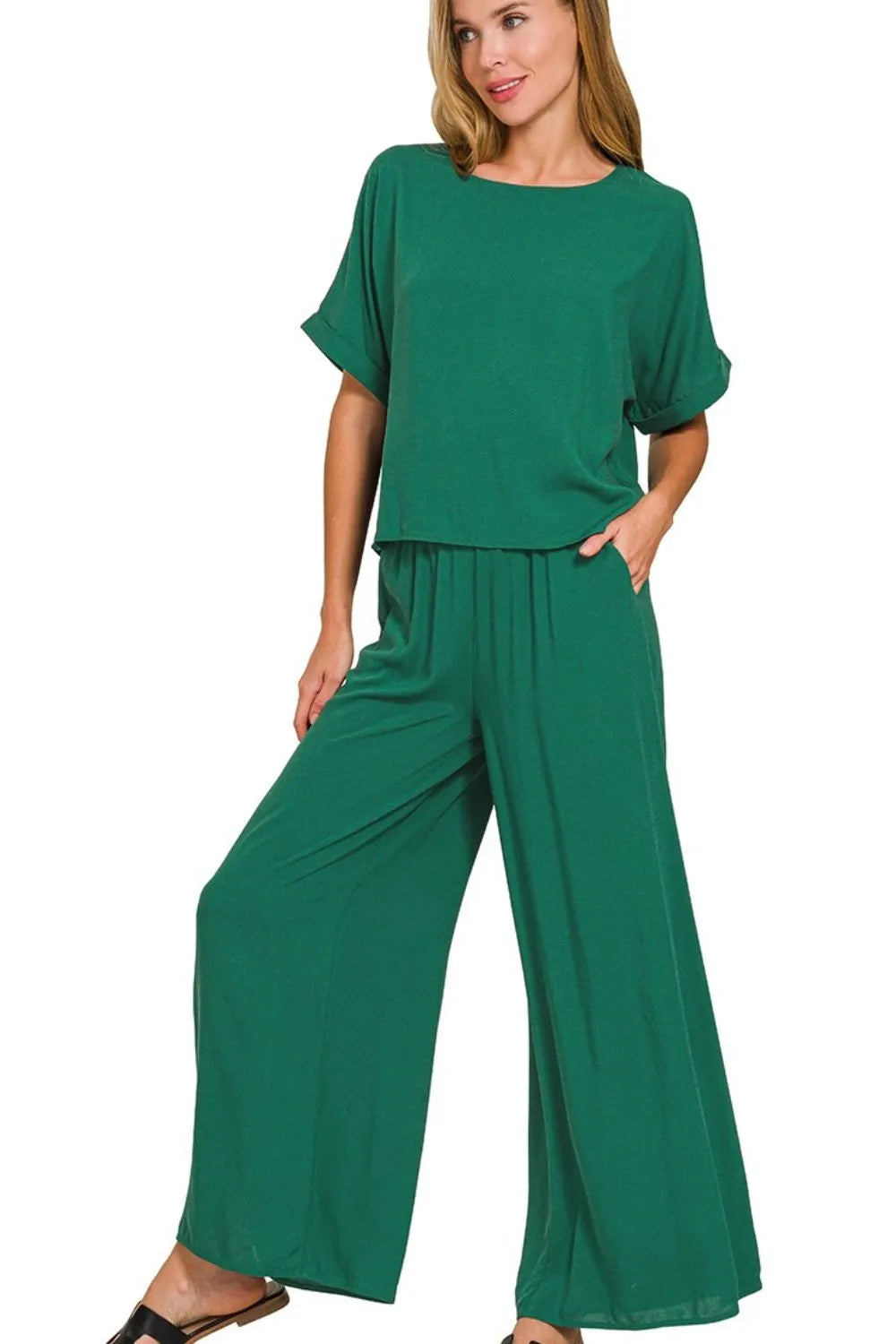 Zenana Round Neck T-Shirt & Wide Leg Pants Set – Comfy & Stylish